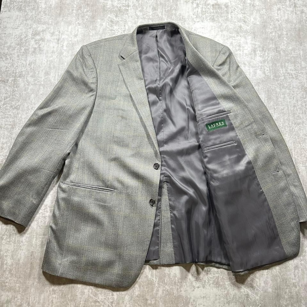 Lauren Ralph Lauren Sport Coat Men 46L Gray Silk Wool Herringbone Plaid Blazer